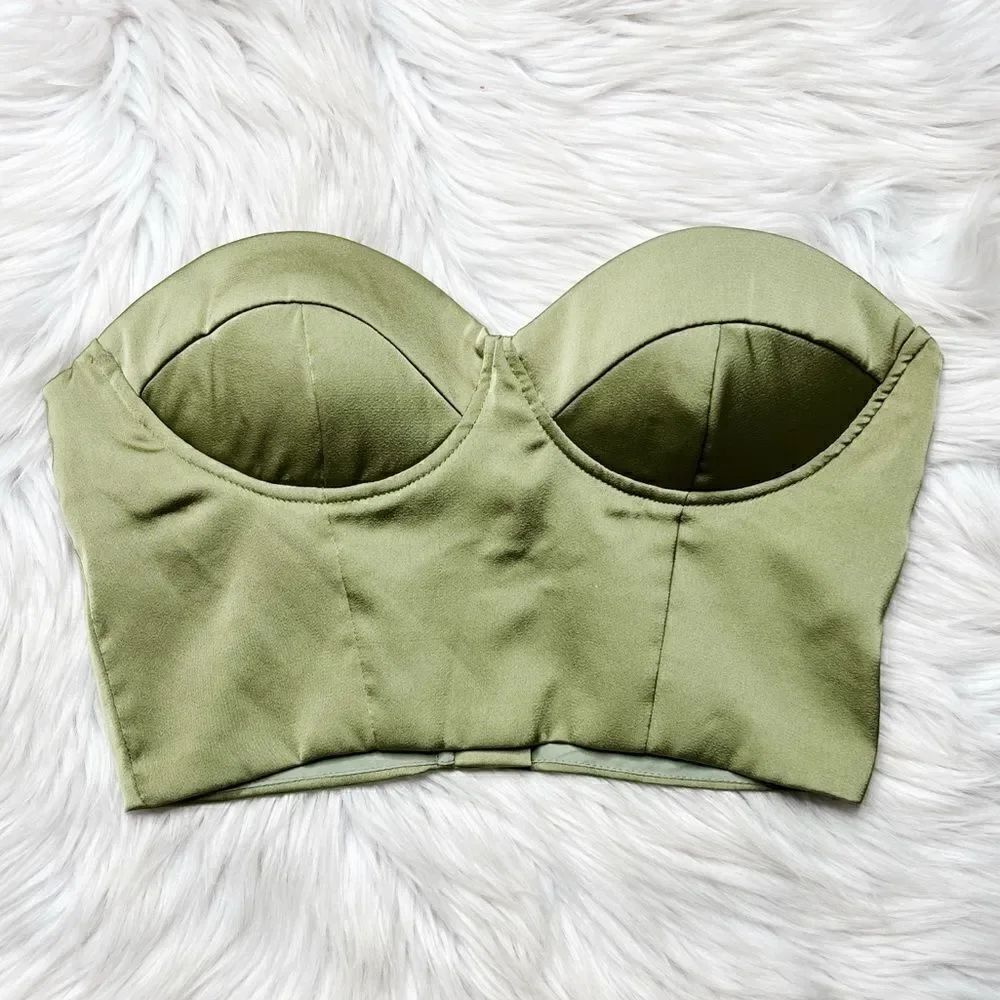 SHEIN Zip Up Strapless Bustier Crop Top Green Size XS